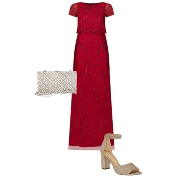 Adrianna Papell Beaded Scalloped-Popover Gown in the Size 16 in Cranberry Color - Picture 6 of 6